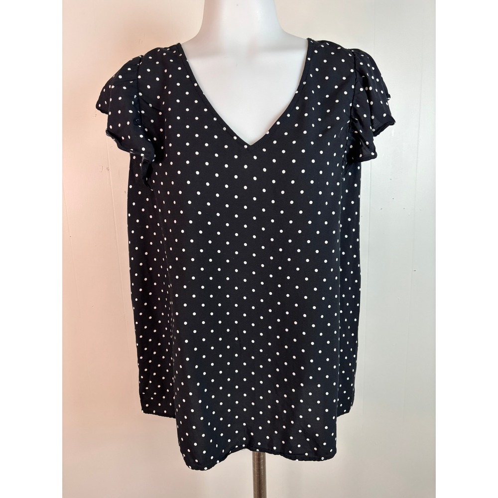 Old Navy Blouse Medium Black Polka Dot Flutter Sleeve V-Neck Casual Top Women